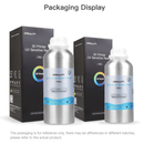 Official packaging display for Creality 3D Printer UV Sensitive Water Washable Resin, showing both the 1000g and 500g silver aluminium bottles alongside their premium black retail boxes.